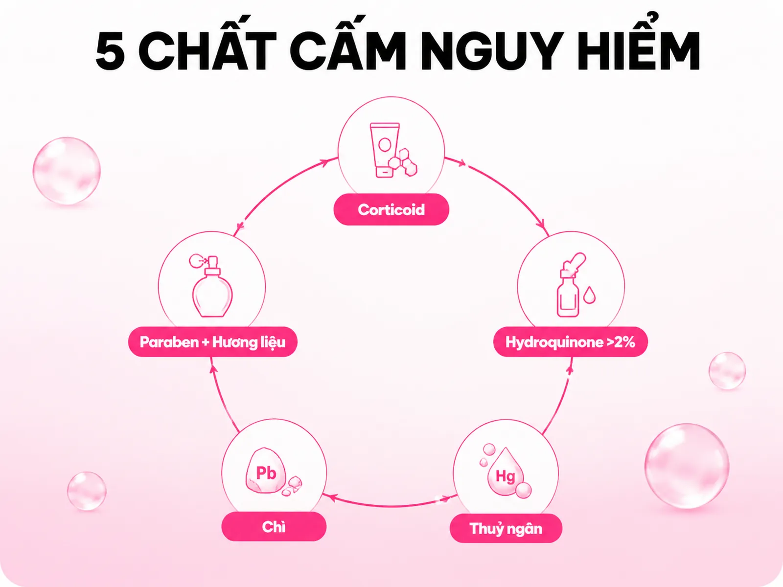 Hình minh hoạ 5 chất cấm trong mỹ phẩm học sinh cần tránh, sắp xếp vòng tròn với nhãn Corticoid, Hydroquinone >2%, Thuỷ ngân, Chì, Paraben + Hương liệu